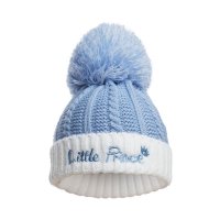 H684-B: Blue Cable Knit Hat w/Emb & Pom Pom (0-12 Months)